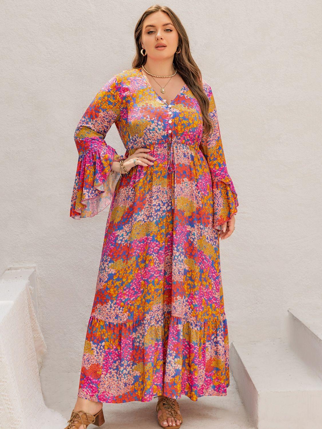 Plus Size Printed V - Neck Long Sleeve Maxi Dress - My Store