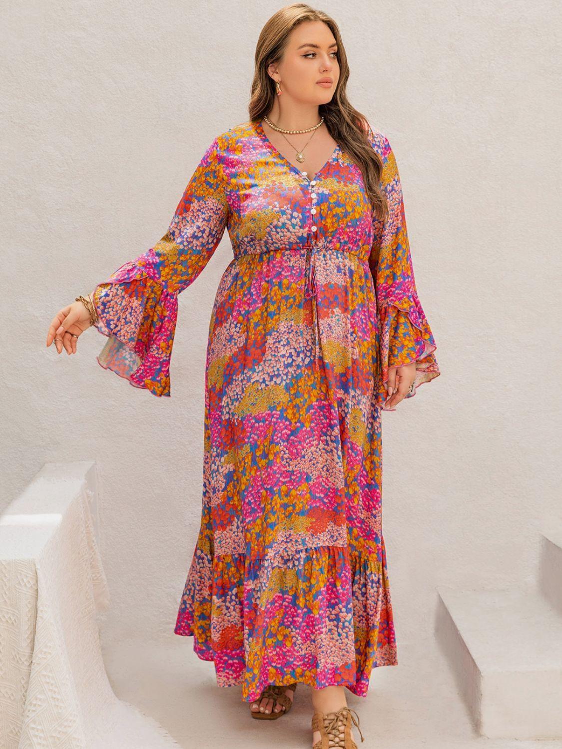 Plus Size Printed V - Neck Long Sleeve Maxi Dress - My Store