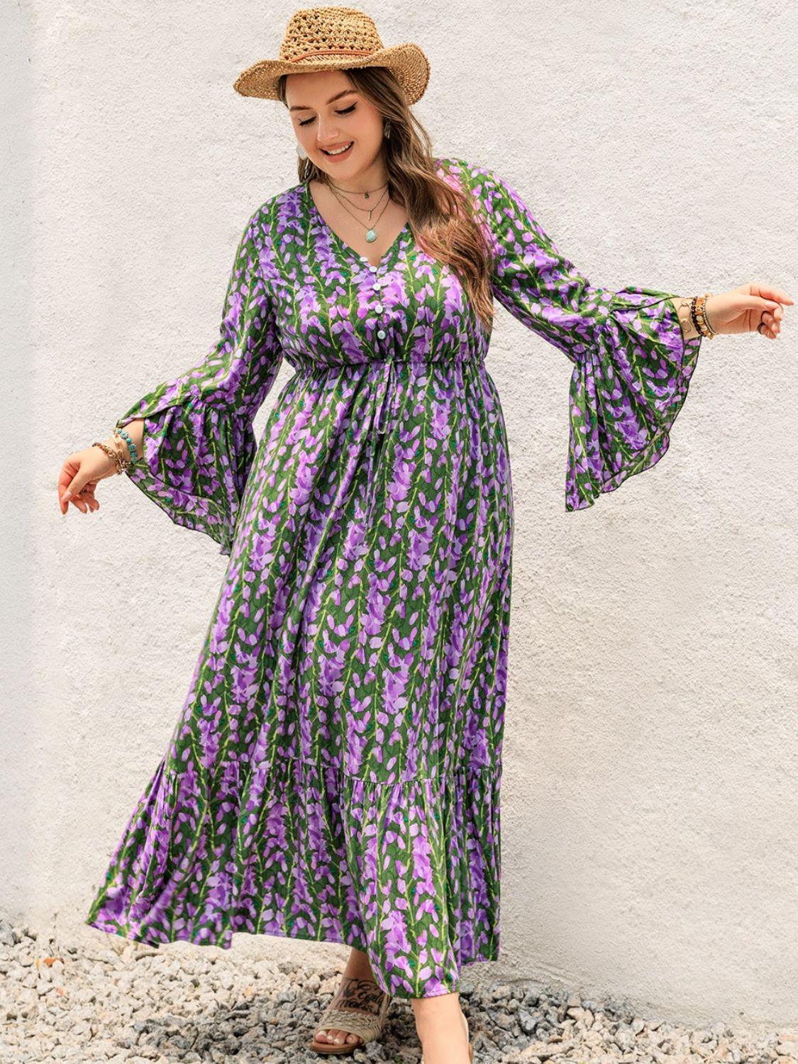 Plus Size Printed V - Neck Long Sleeve Maxi Dress - My Store