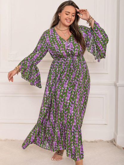 Plus Size Printed V - Neck Long Sleeve Maxi Dress - My Store