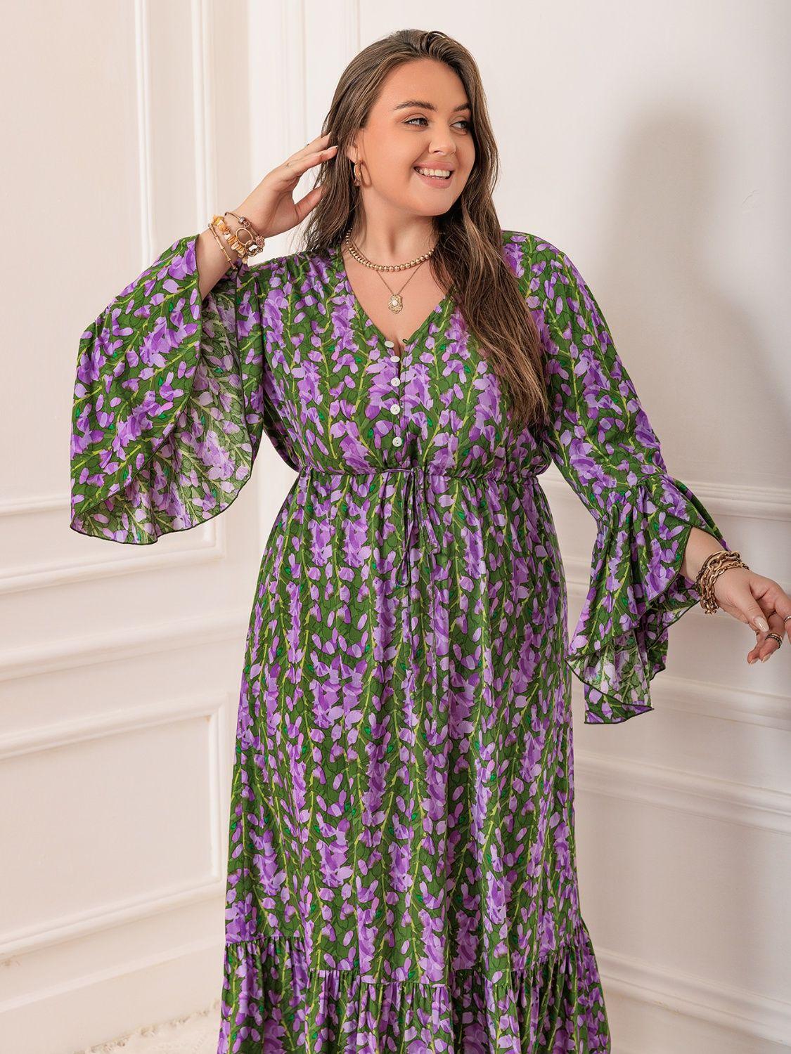 Plus Size Printed V - Neck Long Sleeve Maxi Dress - My Store