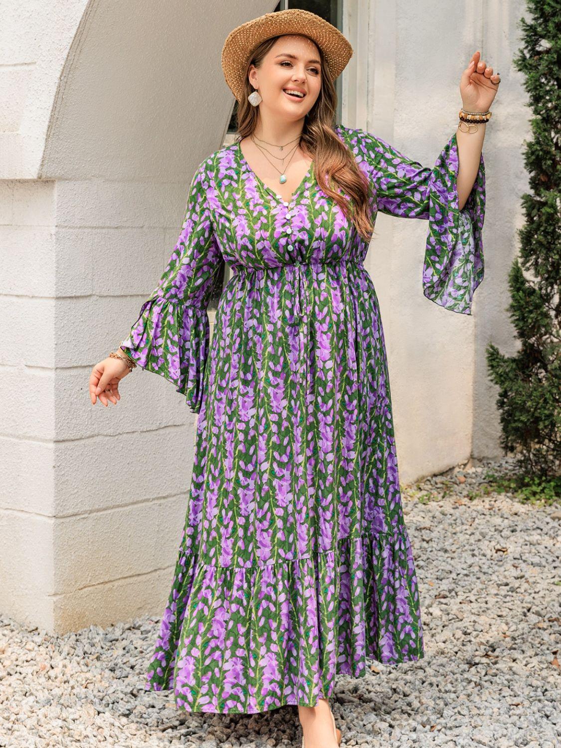 Plus Size Printed V - Neck Long Sleeve Maxi Dress - My Store