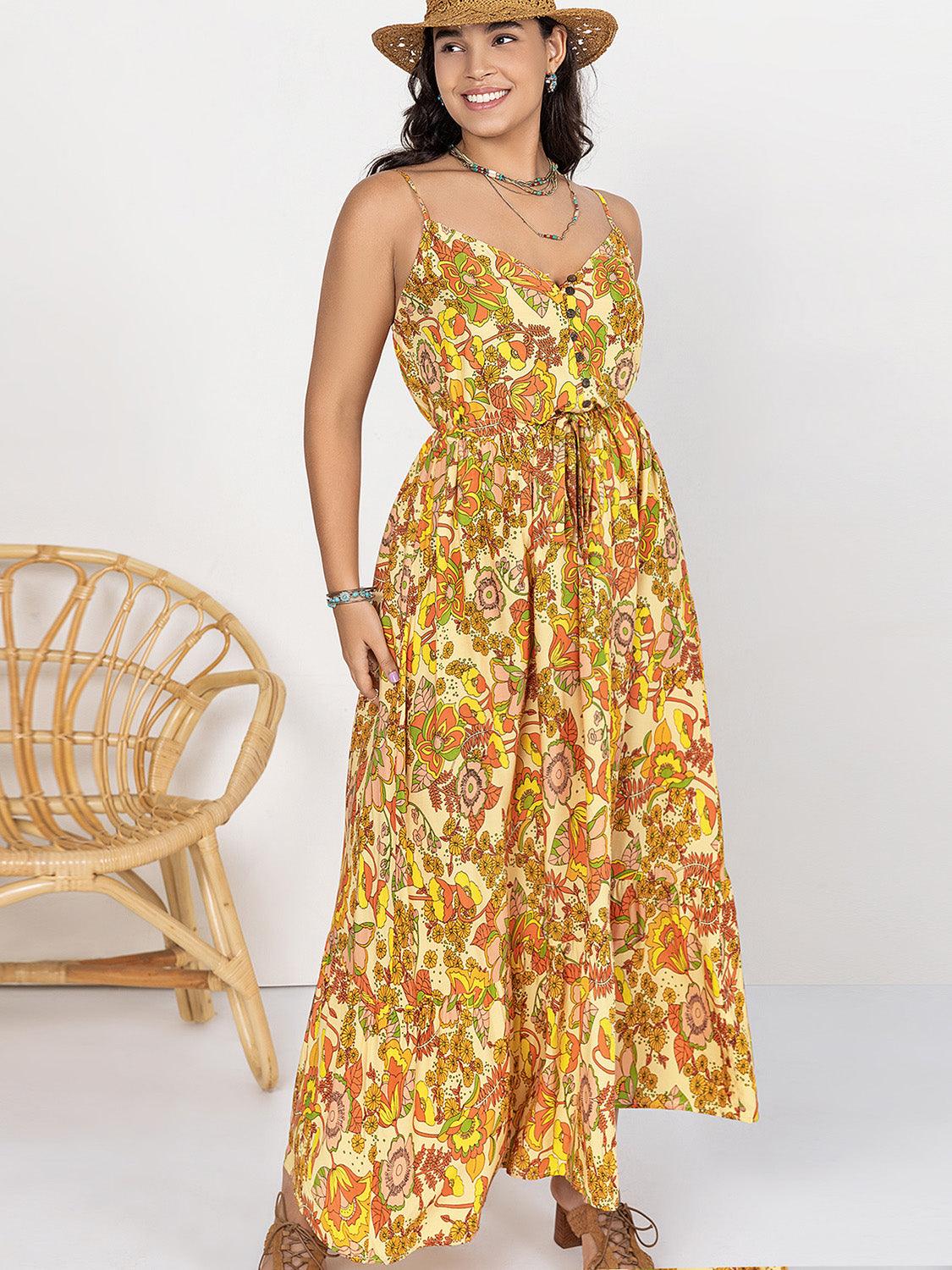 Plus Size Printed V - Neck Maxi Cami Dress - My Store