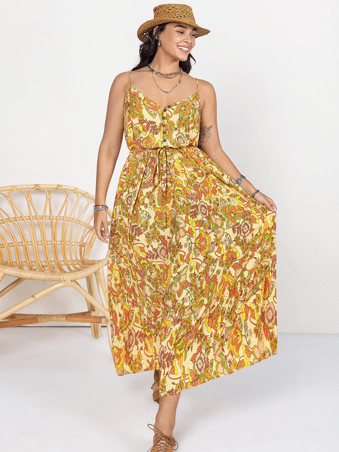 Plus Size Printed V - Neck Maxi Cami Dress - My Store