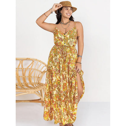 Plus Size Printed V - Neck Maxi Cami Dress - My Store