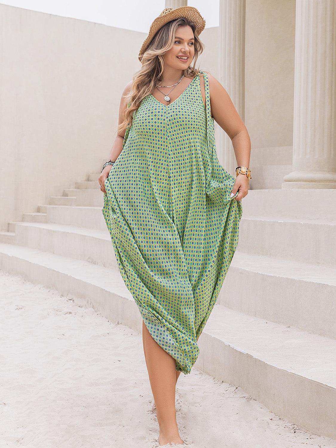 Plus Size Printed V - Neck Wide Leg Jumpsuit - My Store