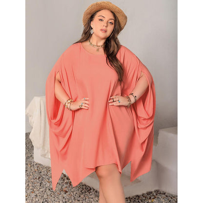 Plus Size Round Neck Batwing Sleeve Mini Dress - My Store