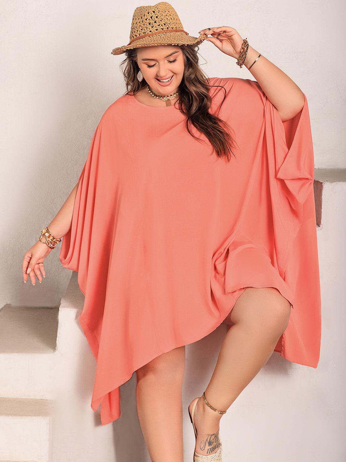 Plus Size Round Neck Batwing Sleeve Mini Dress - My Store