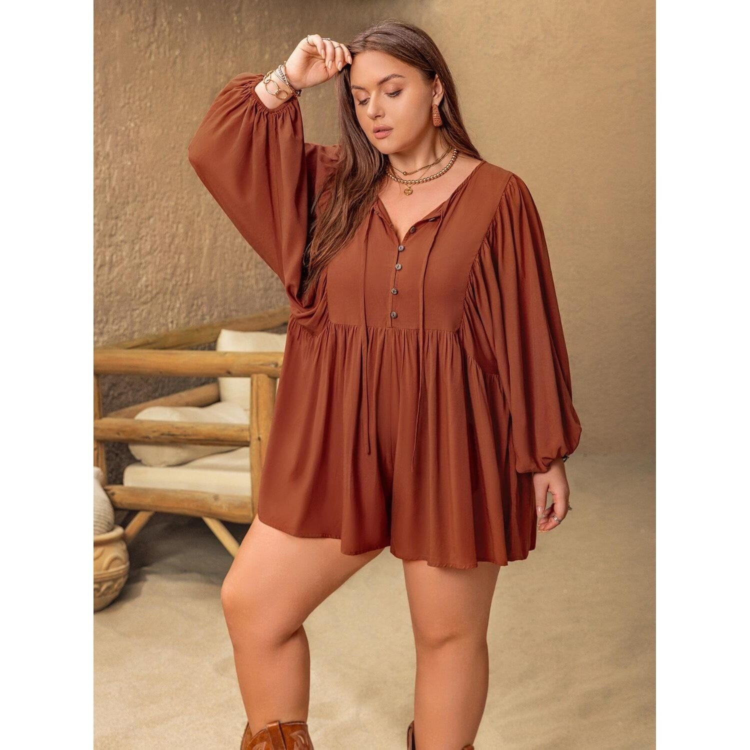 Plus Size Ruched Tie Neck Balloon Sleeve Romper Trendsi Caramel 1XL 