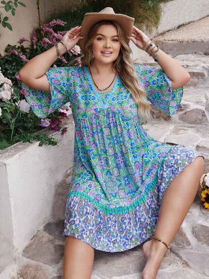 Plus Size Ruffled Hem Lace Detail Printed Half Sleeve Dress Trendsi 