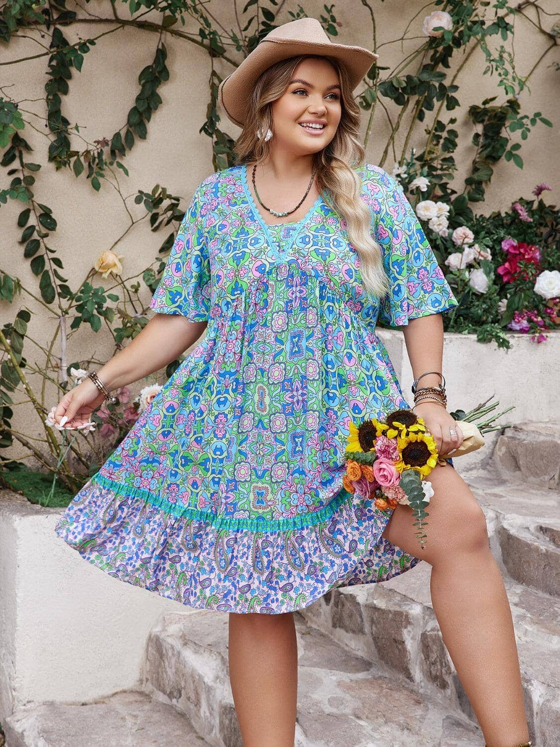 Plus Size Ruffled Hem Lace Detail Printed Half Sleeve Dress Trendsi 