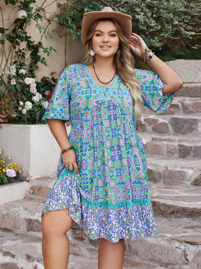 Plus Size Ruffled Hem Lace Detail Printed Half Sleeve Dress Trendsi 