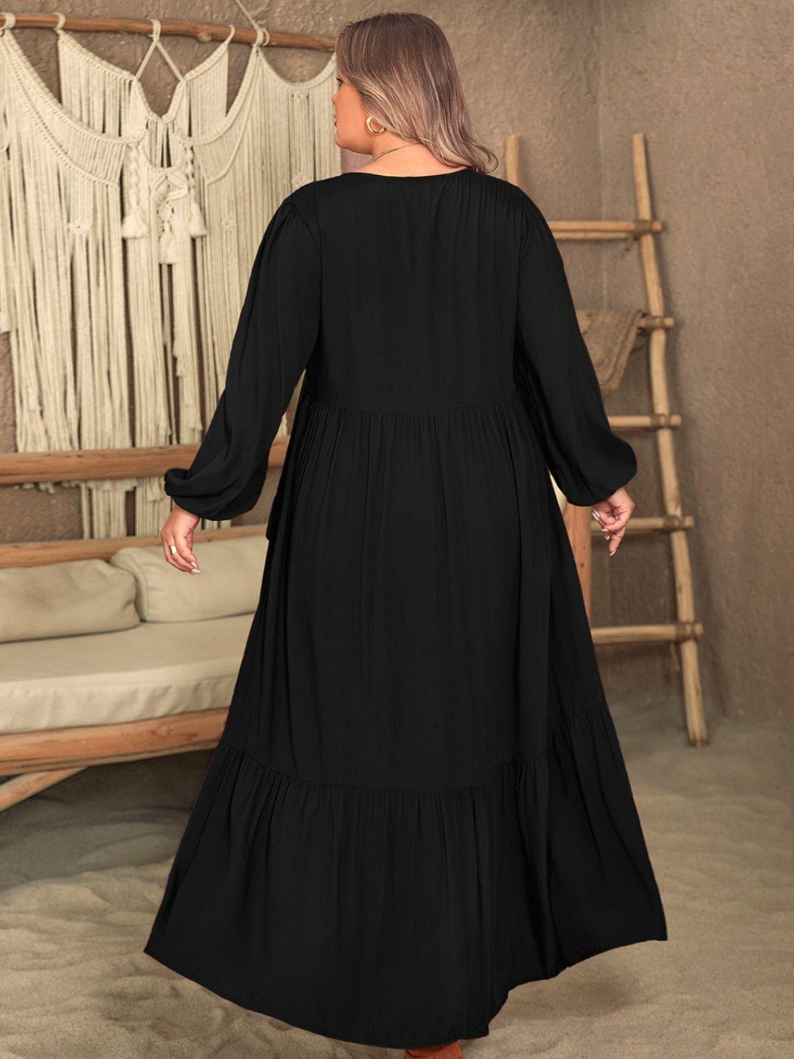 Plus Size Ruffled V - Neck Long Sleeve Dress - My Store