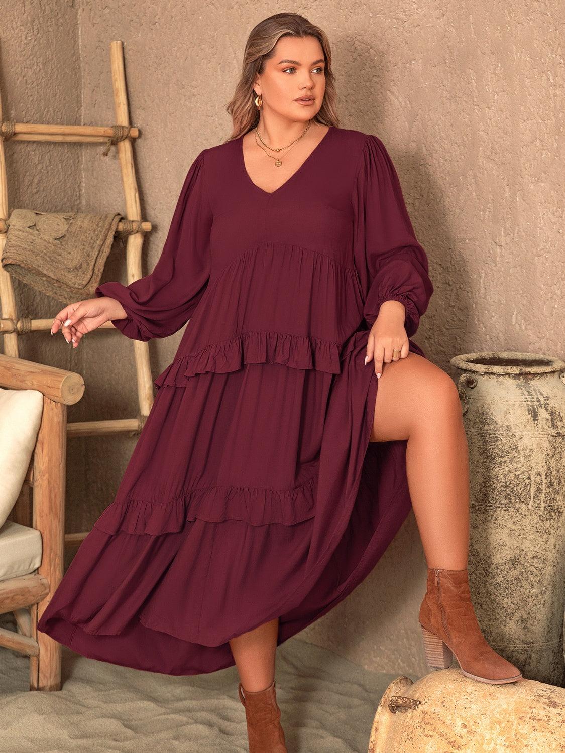 Plus Size Ruffled V - Neck Long Sleeve Dress - My Store