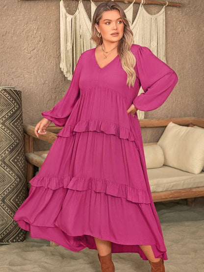 Plus Size Ruffled V - Neck Long Sleeve Dress - My Store