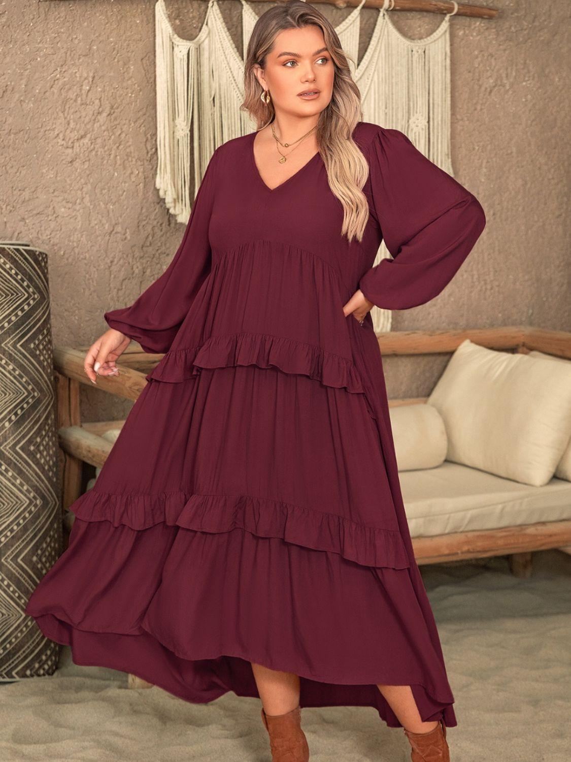 Plus Size Ruffled V - Neck Long Sleeve Dress - My Store