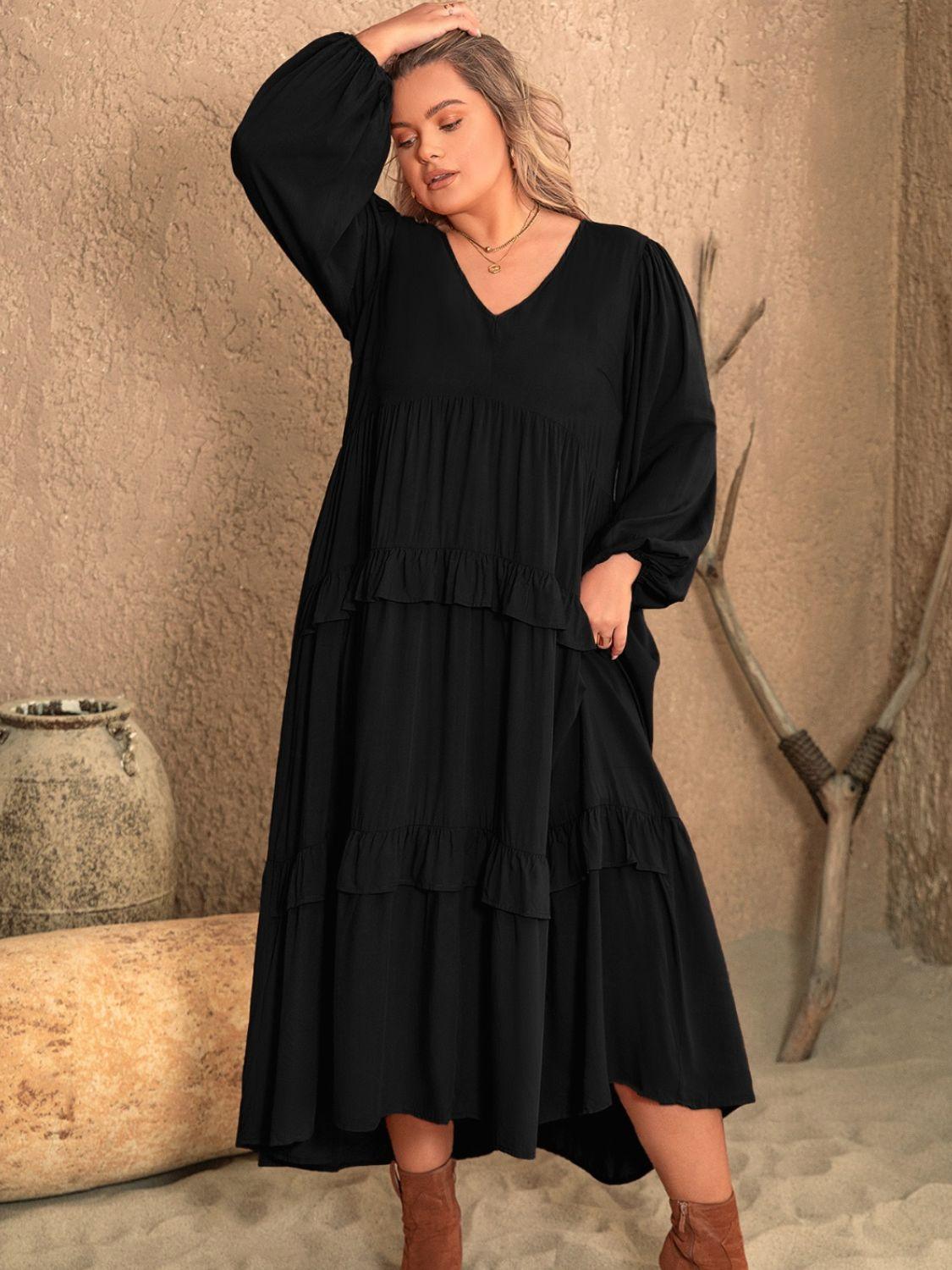 Plus Size Ruffled V - Neck Long Sleeve Dress - My Store