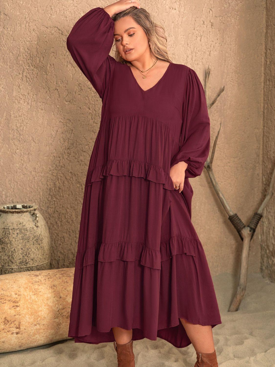 Plus Size Ruffled V - Neck Long Sleeve Dress - My Store