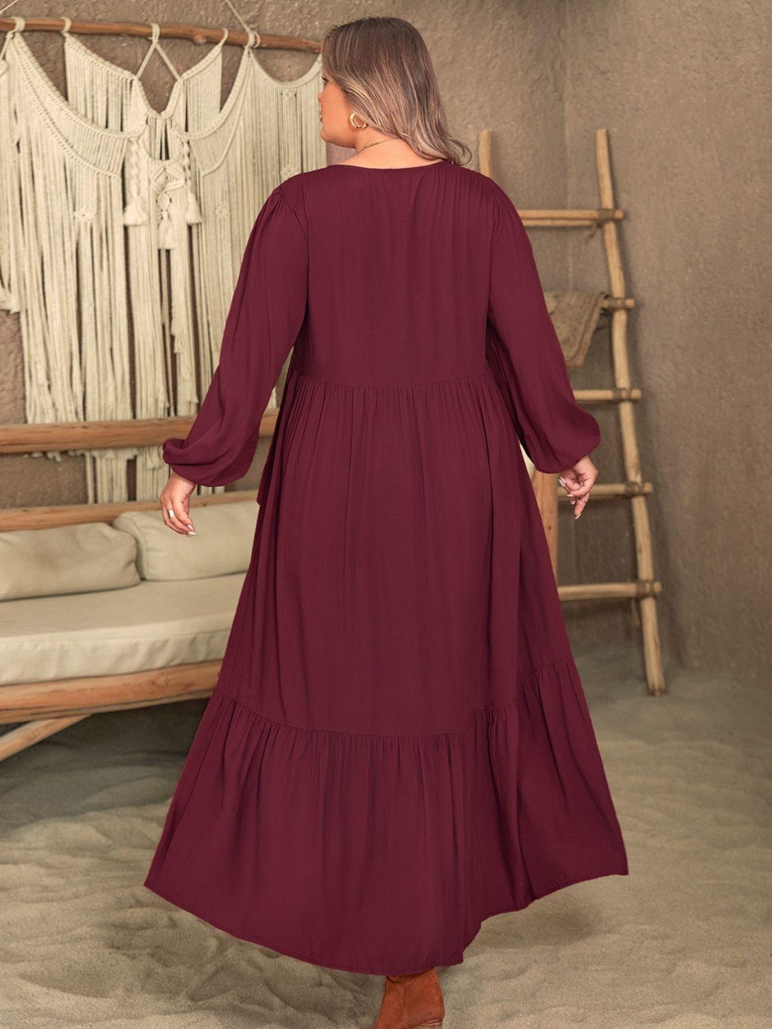 Plus Size Ruffled V - Neck Long Sleeve Dress - My Store