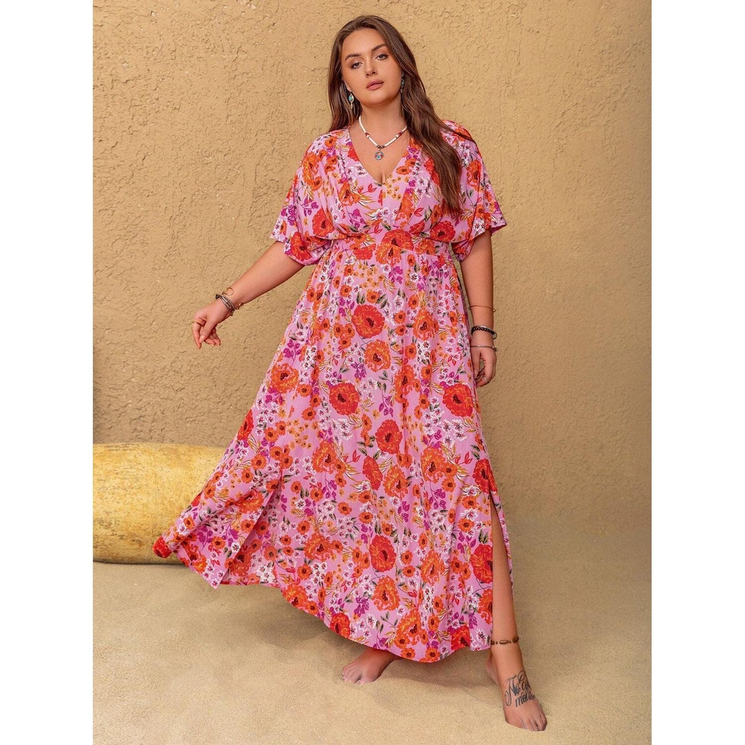 Plus Size Slit Floral V-Neck Half Sleeve Maxi Dress Trendsi Fuchsia Pink 0XL 