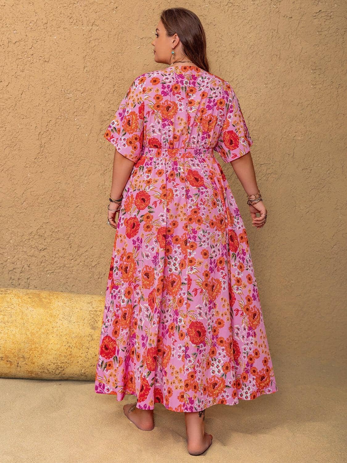 Plus Size Slit Floral V-Neck Half Sleeve Maxi Dress Trendsi 