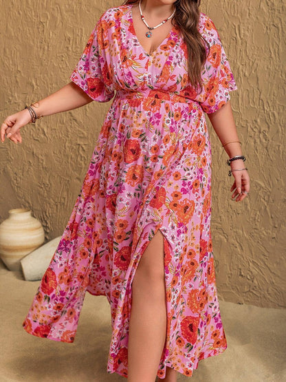 Plus Size Slit Floral V-Neck Half Sleeve Maxi Dress Trendsi 