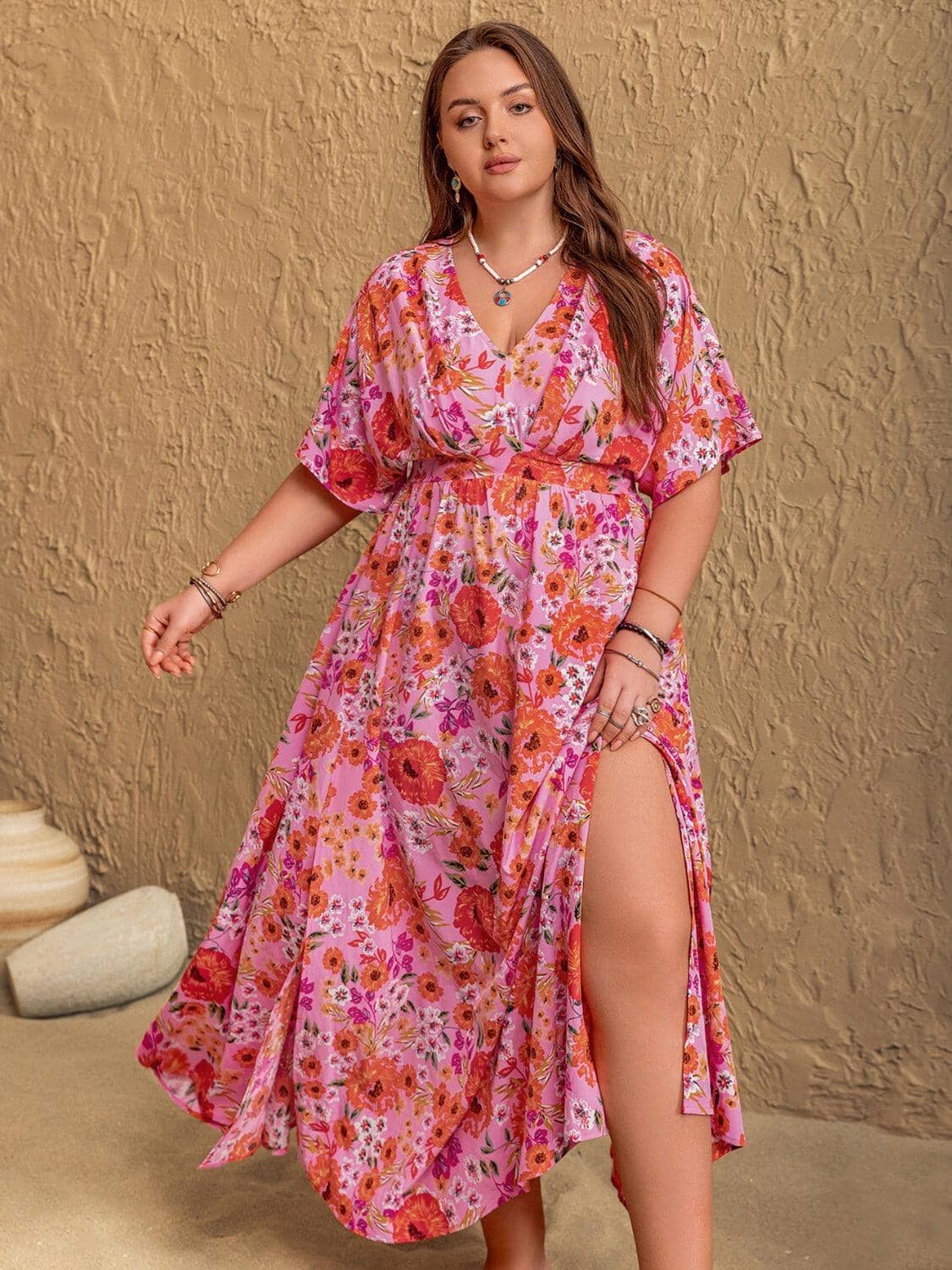 Plus Size Slit Floral V-Neck Half Sleeve Maxi Dress Trendsi 