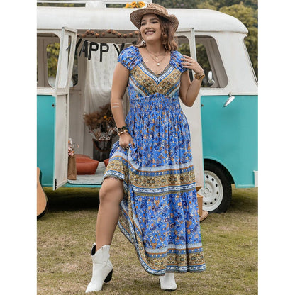 Plus Size Smocked Printed Cap Sleeve Dress - My Store