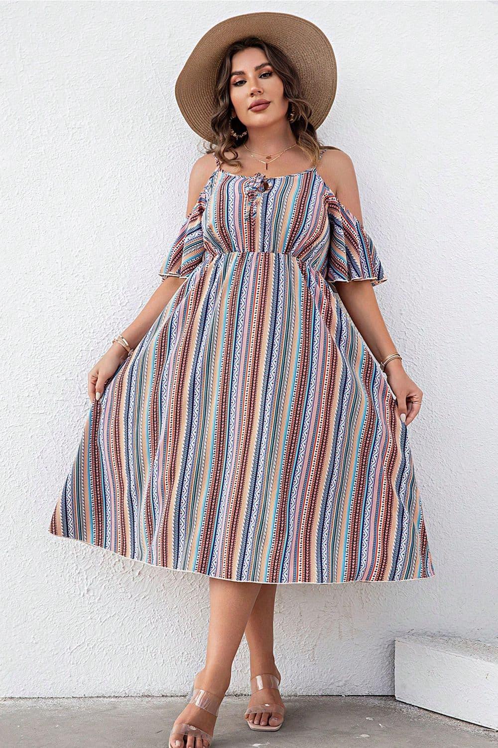 Plus Size Striped Cold - Shoulder Dress - My Store