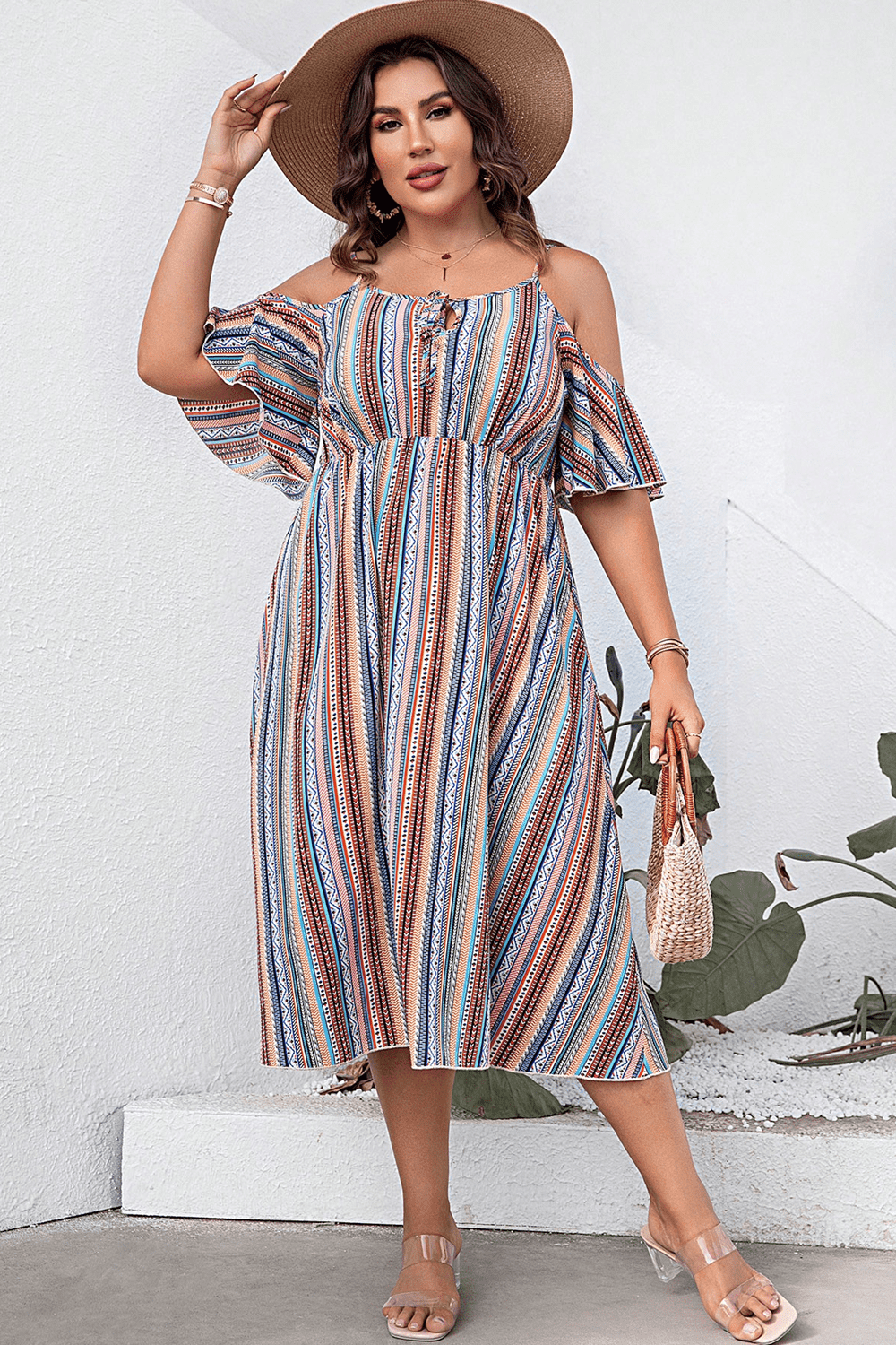 Plus Size Striped Cold - Shoulder Dress - My Store