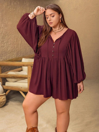 Plus Size Tie Neck Balloon Sleeve Romper Trendsi 