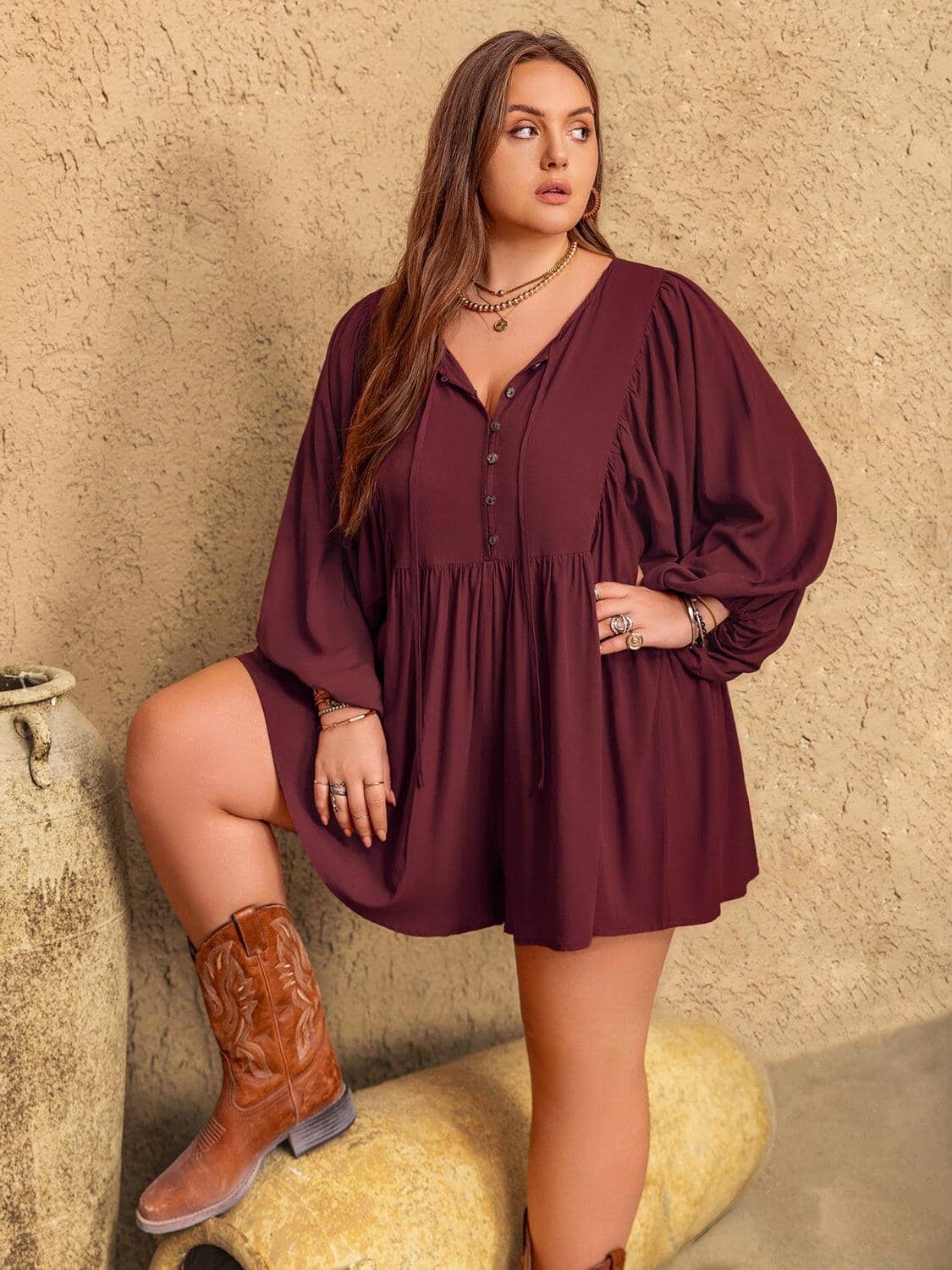 Plus Size Tie Neck Balloon Sleeve Romper Trendsi 