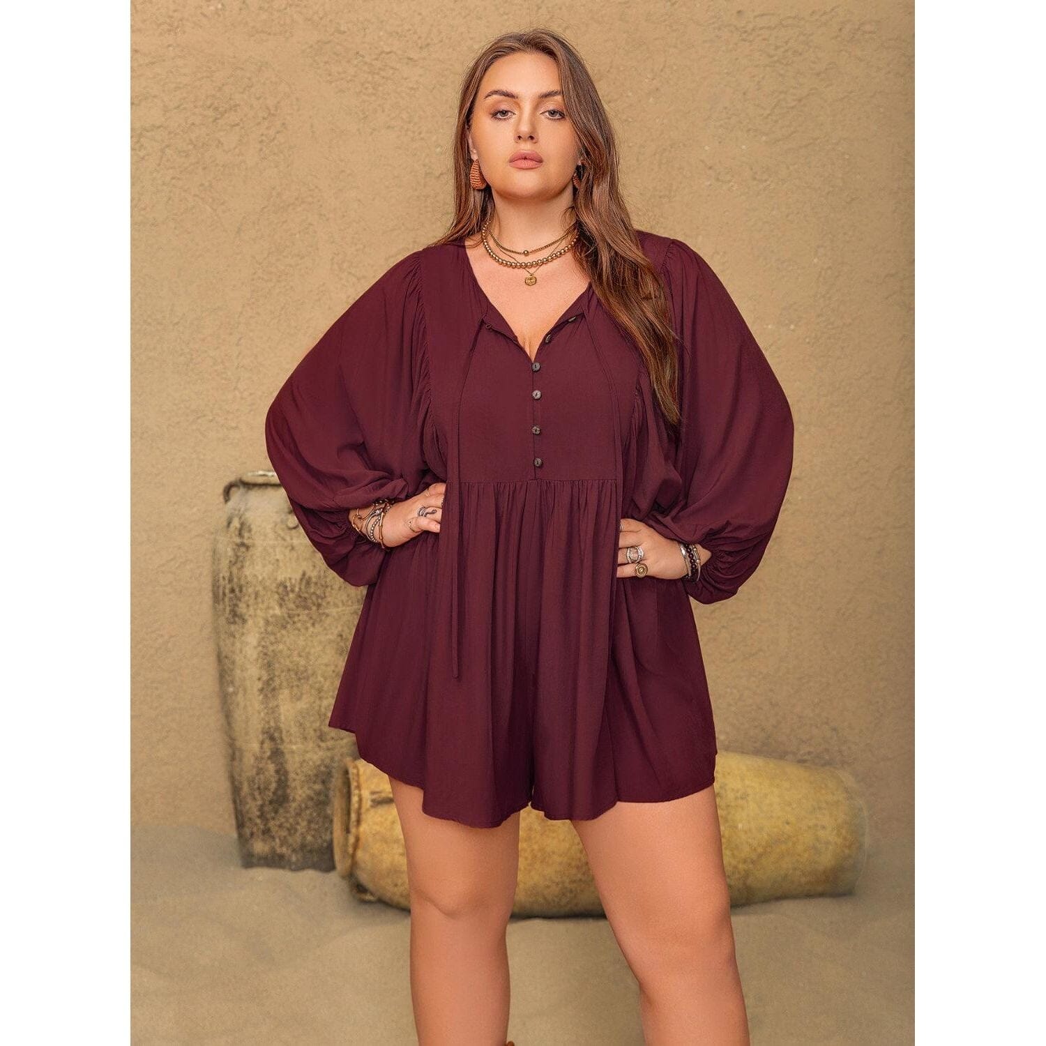 Plus Size Tie Neck Balloon Sleeve Romper Trendsi Burgundy 0XL 