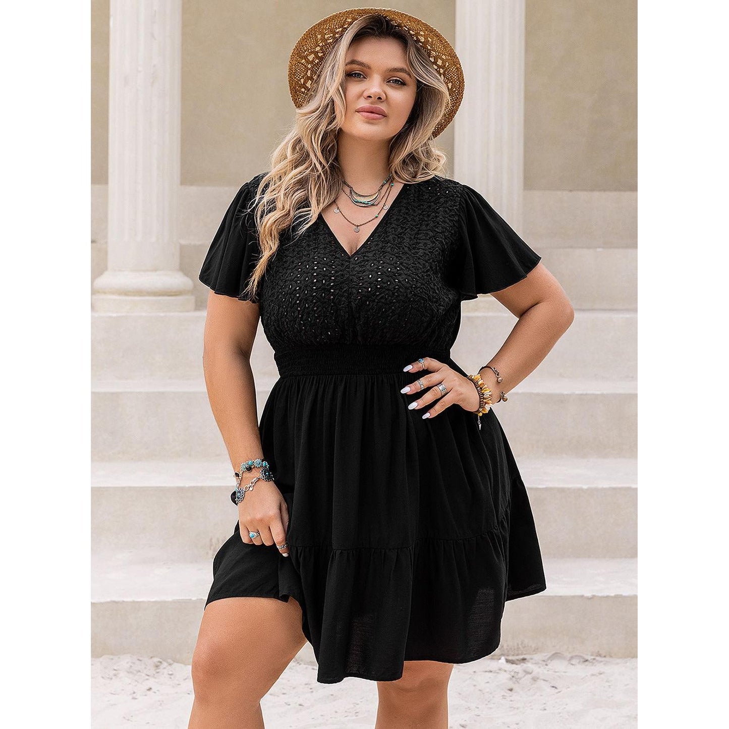 Plus Size V - Neck Flutter Sleeve Mini Dress - My Store