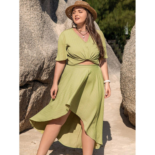 Plus Size V - Neck Half Sleeve Top and High - Low Skirt Set - My Store